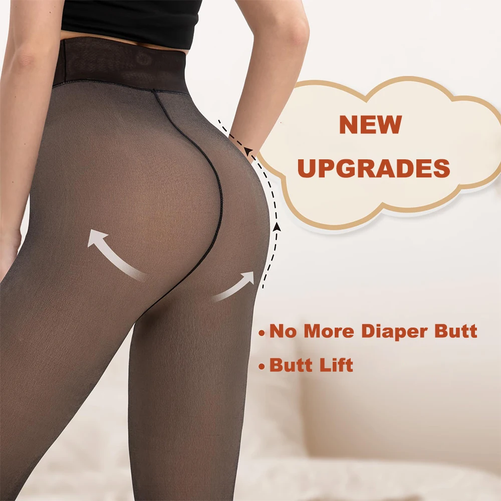 新しい女性用フリース裏地付き黒タイツ、透け感のあるフェイクシースルー、暖かい冬用パンティストッキングレギンス、厚手タイツ、見えない股間