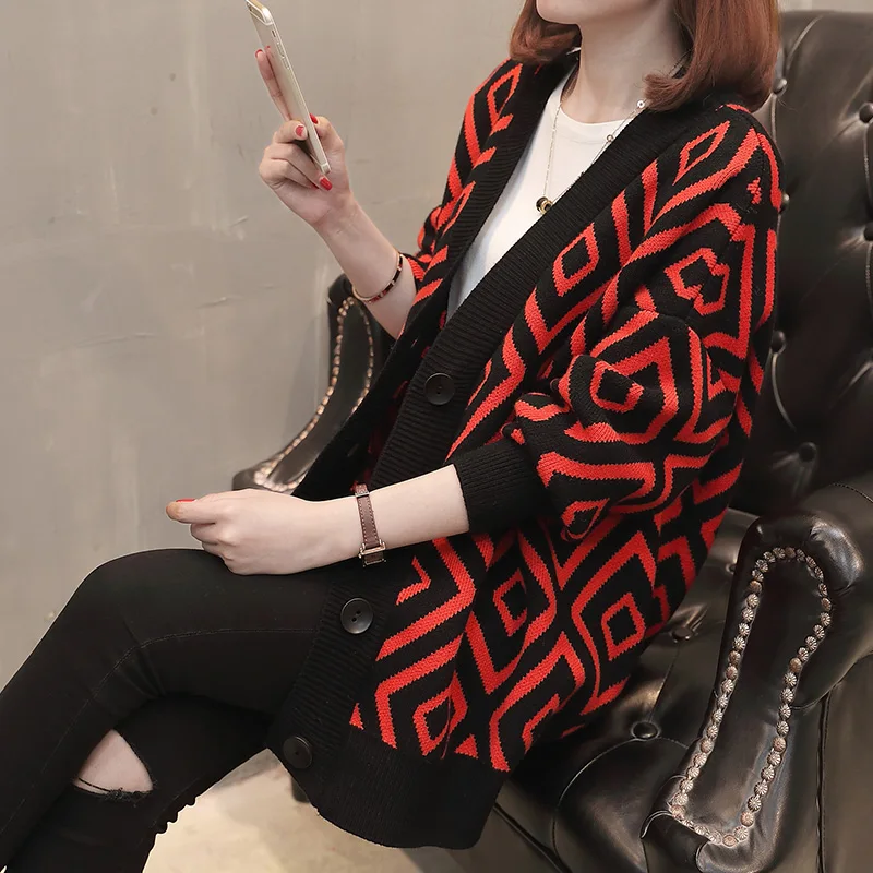 Women Sweater Cardigans  Casual V Neck Long Sleeve Oversized Loose Plaid Buttons Knitted Tops Winter Female Sweater Outwear