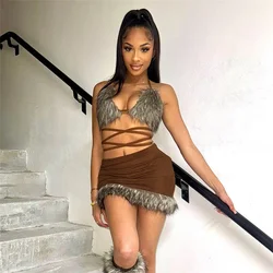 Women Sexy Faux Fur Patchwork 2 Piece Set Lace Up Halter Backless Bra Tops High Waist Bodycon Mini Skirts Clubwear Casual Suits