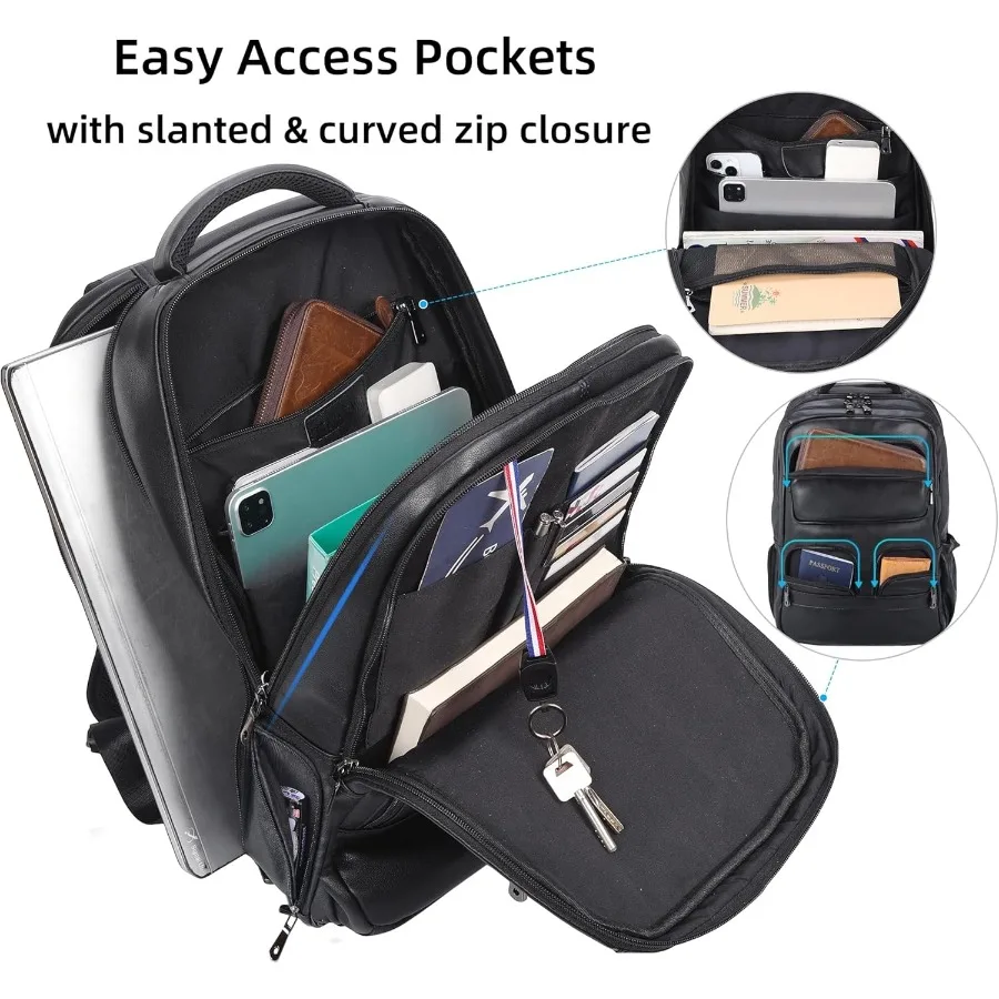 Masa Kawa حقيبة ظهر للكمبيوتر المحمول مقاس 17 بوصة من الجلد الطبيعي باللون الأسود للرجال حقيبة ظهر كبيرة للصيف والسفر حقيبة ظهر طوال الليل #5