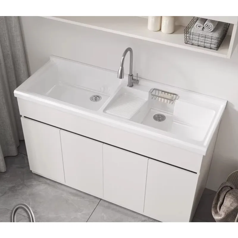 Balcony Double Basin Artificial Quartz Stone Integrated Basin with Oblique Washboard Full Honeycomb Aluminum  Cabinet