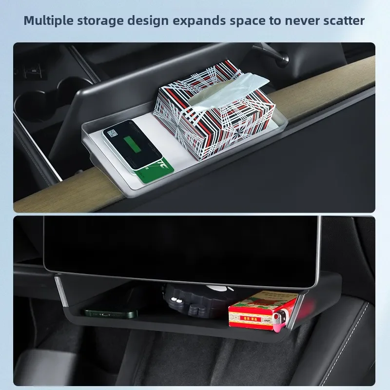 Tesla Model 3 Highland 2024 및 Model Y Juniper 2025 중앙 제어 화면에 적합 후면 보관 랙 + 미끄럼 방지 매트가 내장된 화면 아래 보관함, 접이식 숨겨진 오픈 박스 보관함 썸네일 5
