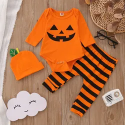 2024 Toddler Boys Halloween Winter Long Sleeve Pumpkins Romper Striped Pants With Hat 3pcs Outfits Clothes Set Cosplay Set