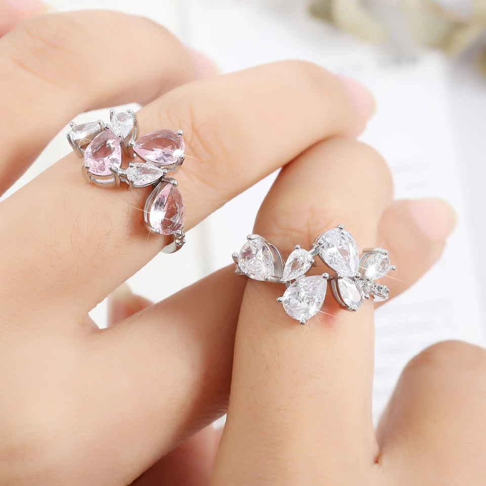 ZAKOL Delicate Pink Water Drop Finger Rings for Women Shiny Cubic Zirconia Ring Fashion Party Wedding Jewelry INS Style