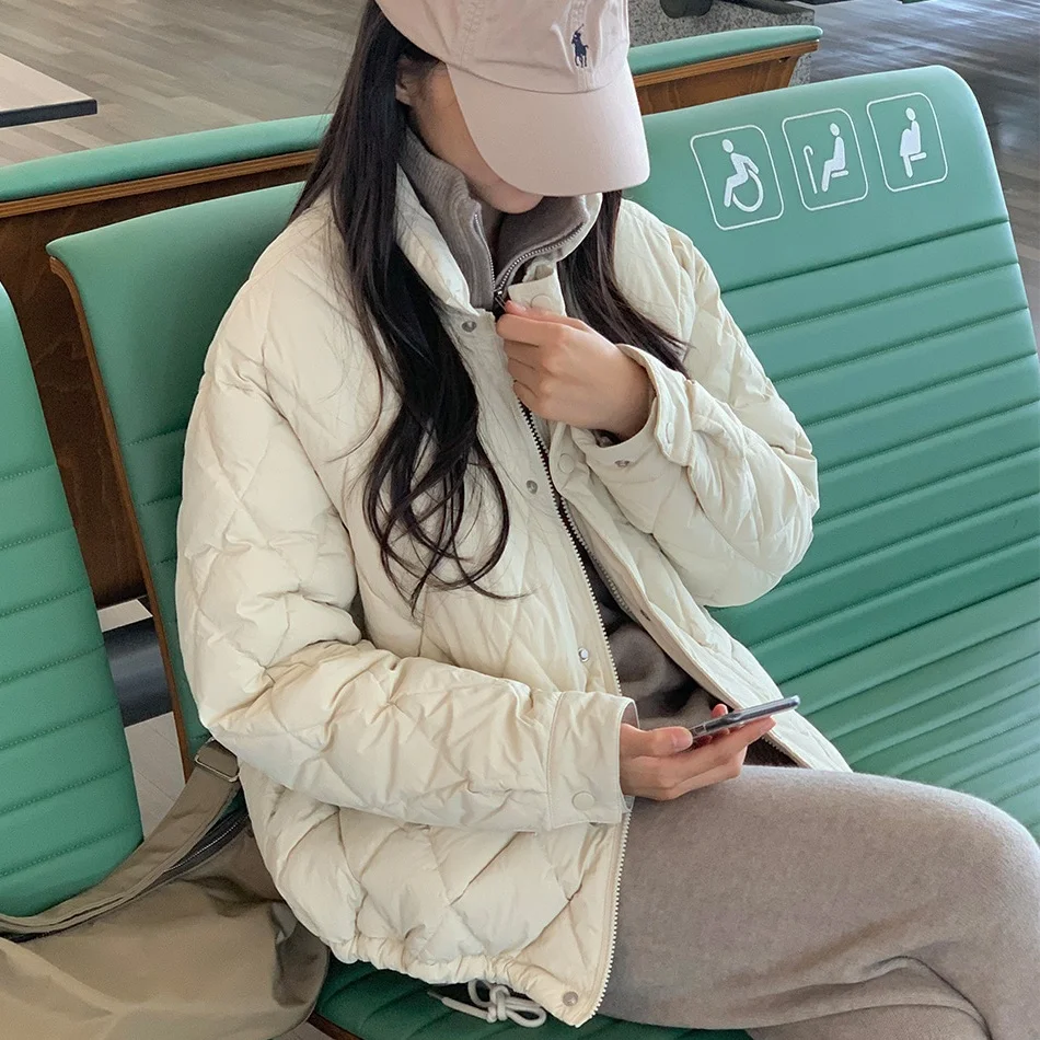 Retro Style Women's Cotton Jacket Stand Collar Diamond Pattern Pocket Warm Casual Outerwear Long Sleeve Single Button Closure
