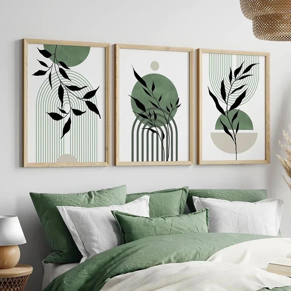 Triptych Bohemian Green Wall Art Geometric Minimalist Leaf Abstract HD Canvas Poster Prints Home Bedroom Living Room Decor Gift