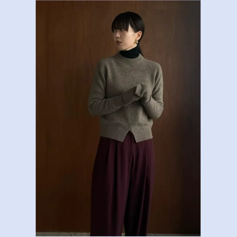 24 year autumn and winter round neck extra long folded sleeve hem slit warm wool knitted sweater