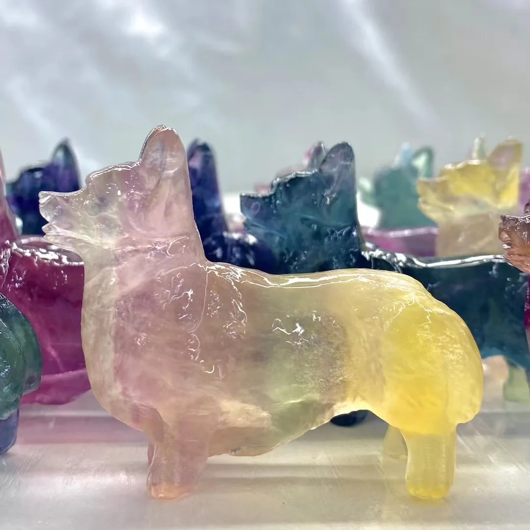 1 Pc Natural Stone Rainbow Fluorite Corgi Handmade Carved Animal Figurine Home Decor Jewelry Gift