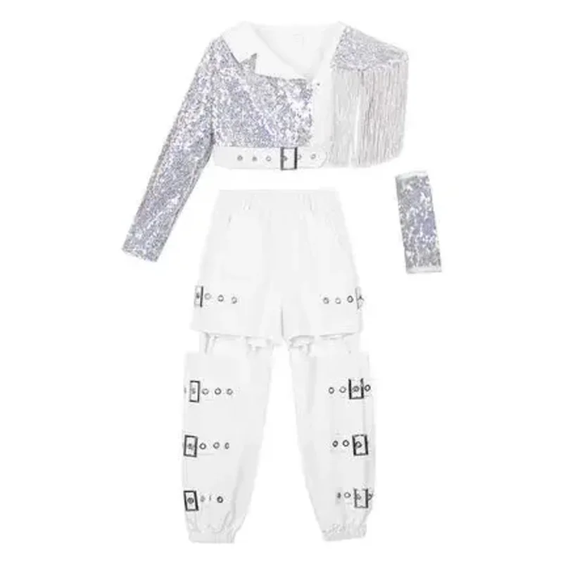 Ropa de baile de Hip-hop de calle blanca de Bear's Den, traje de pantalón para niñas, chándal, conjunto de pasarela para niños, grupo coreano Cos nuevo 2025