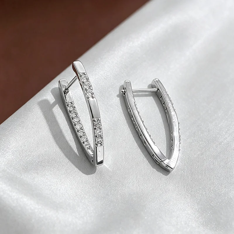 Anziw Clip Earrings Gold/Silver Color For Women Girl V-Shaped Moissanite Hoop Huggie Earrings Wedding Jewelry 14K Gold Filled - view 2