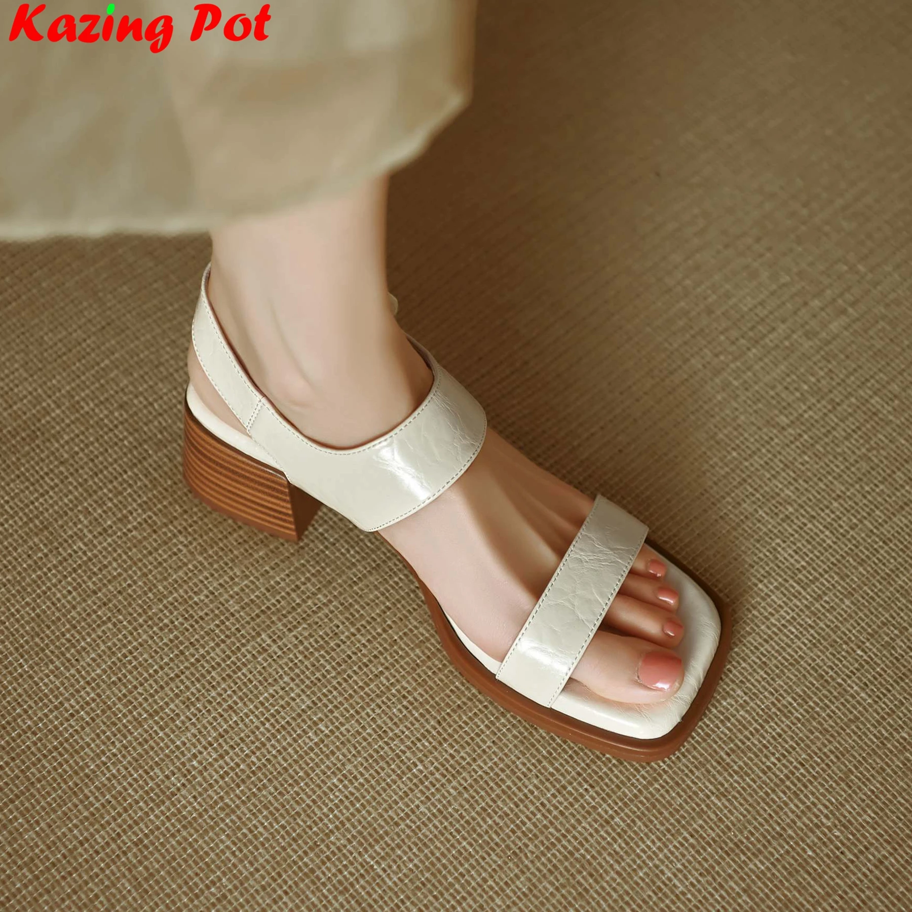 Plus Size 34-41 Cow Leather Peep Toe Summer Shoes Med Heels Elegant Office Lady Vacation Retro Dating Brand Modern Women Sandals