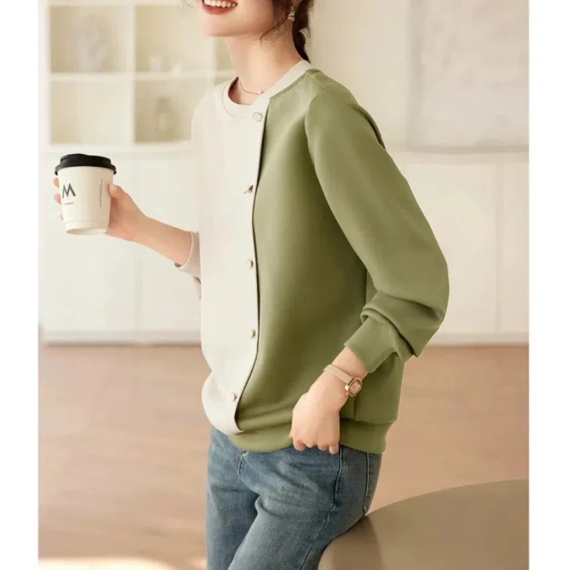 Women\'s Clothing Spring Autumn Round Neck Pullover Button Lantern Long Sleeve Contrast Color Hoodies T-shirt Casual Loose Tops