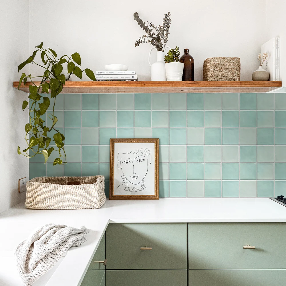 3D Tile Stickers, Self-adhesive Green Tile Backsplash for Kitchen Bathroom, Waterproof, Matt, 30 x 30cm, Interior Wall Decor