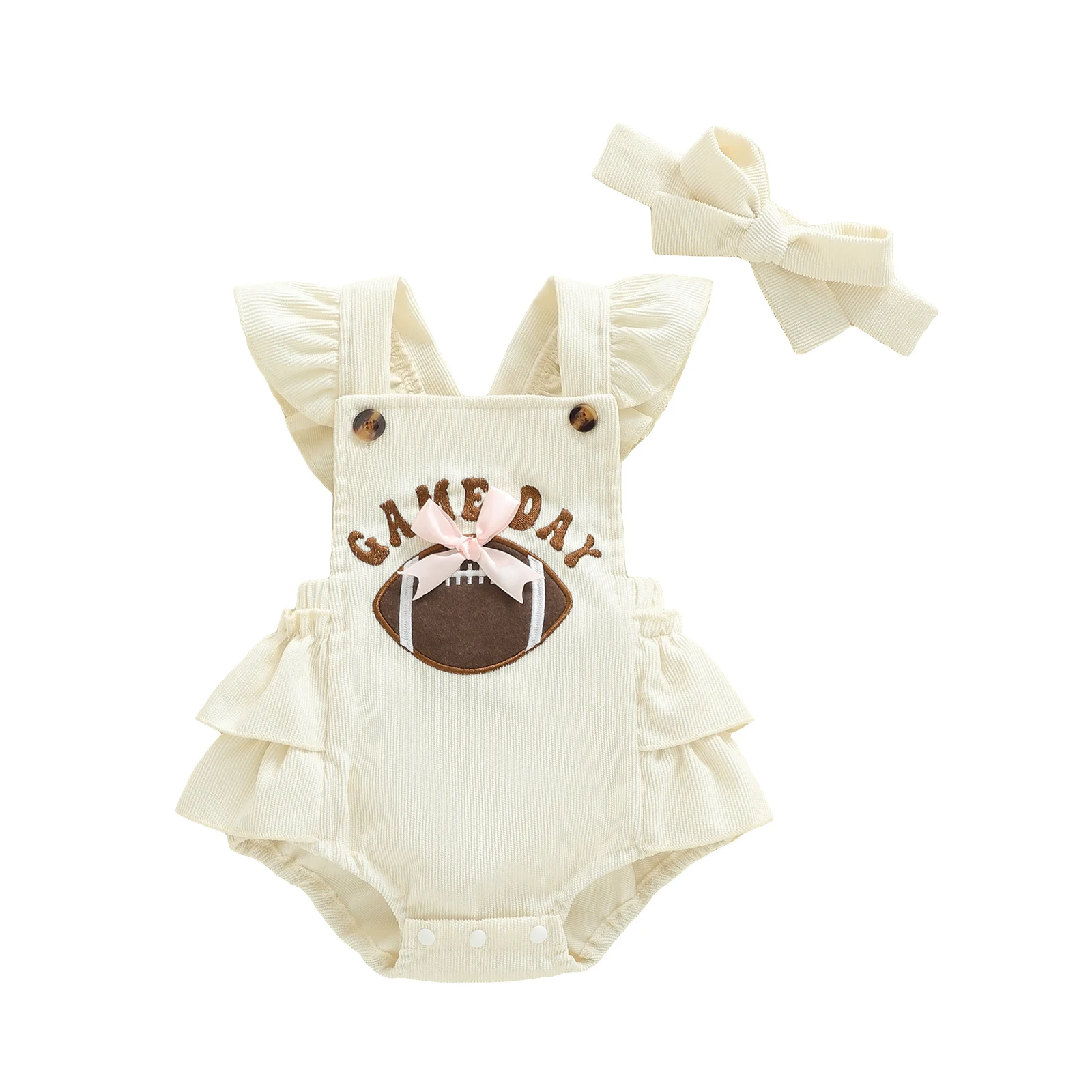 

Baby Girl Fall Outfits Sleeveless Romper Football Embroidery Bubble Jumpsuit with Bow Headband 2 Pcs Set