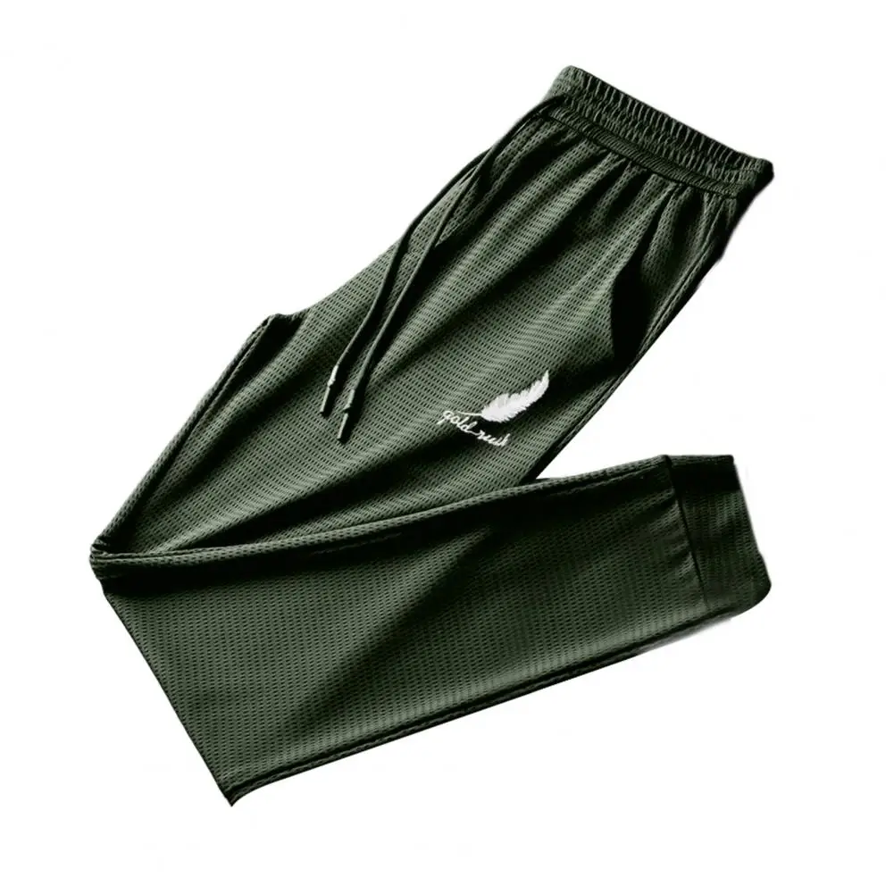 Calça amarrada com estampa de penas masculina, calça seca rápida bonita, moletom de verão para exterior casual