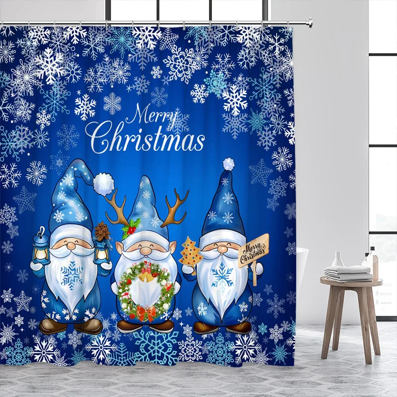 

Cartoon Santa Claus Shower Curtains White Snowflake Wreath Blue Christmas Bath Curtain Set Fabric Home Bathroom Decor With Hooks