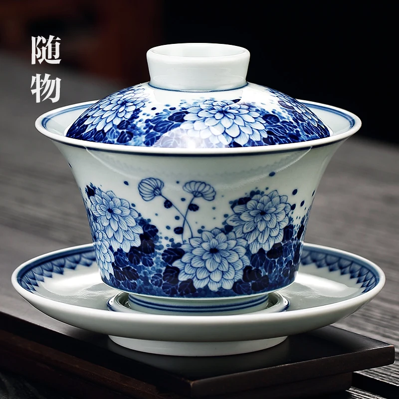 

Antique Jingdezhen Cover Blue And White Porcelain Sancai Cup, Tea Bowl, Single Anti Scalding, High Grade