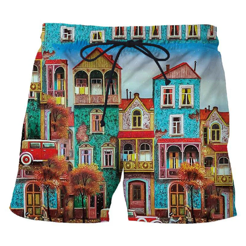 Modern City Building Houses 3D Print Beach Shorts Men Women Summer Casual Trunks Surfing Board Shorts Swimwear Kids Man Clothing