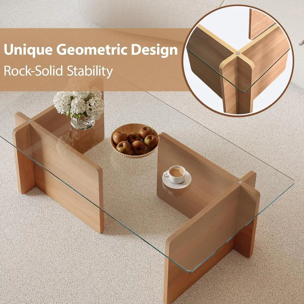 طاولة قهوة فنية مستطيلة من الزجاج المقسى مع قاعدة خشبية هندسية لمساحات المعيشة البسيطة #3