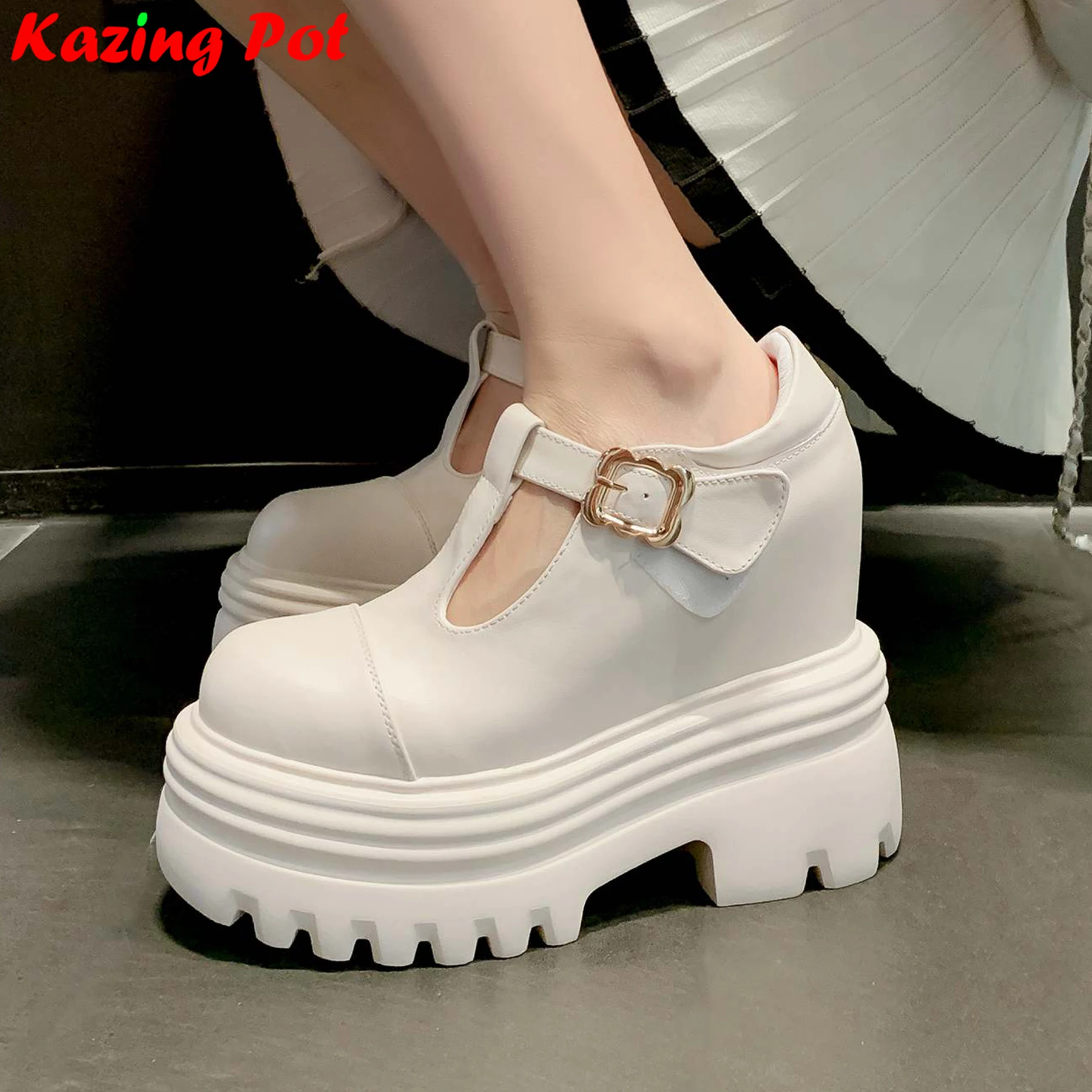

Krazing Pot 15 Cm Super High Heels Cow Leather Increasing Spring Summer Shoes Mary Janes Platform Wedges T-strap Ins Women Pumps