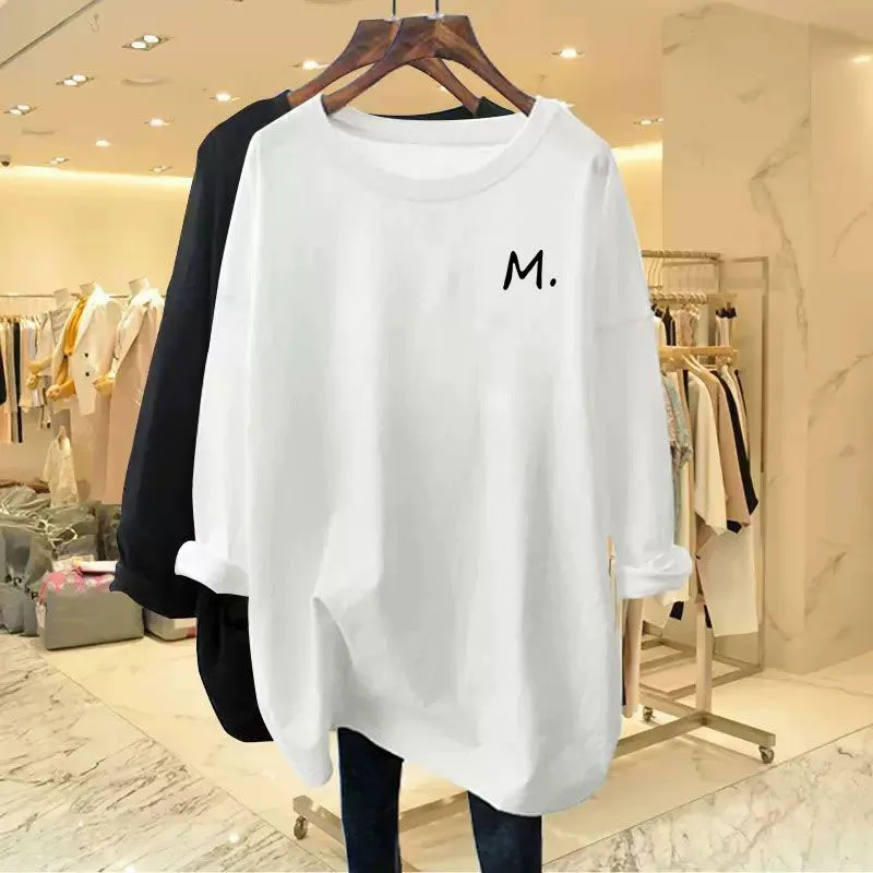 Women Clothing Fashion Long Sleeve T-shirt Spring Autumn Letter Printing Top Tee Lady Simple Style Soft Comfort Cotton Pullover