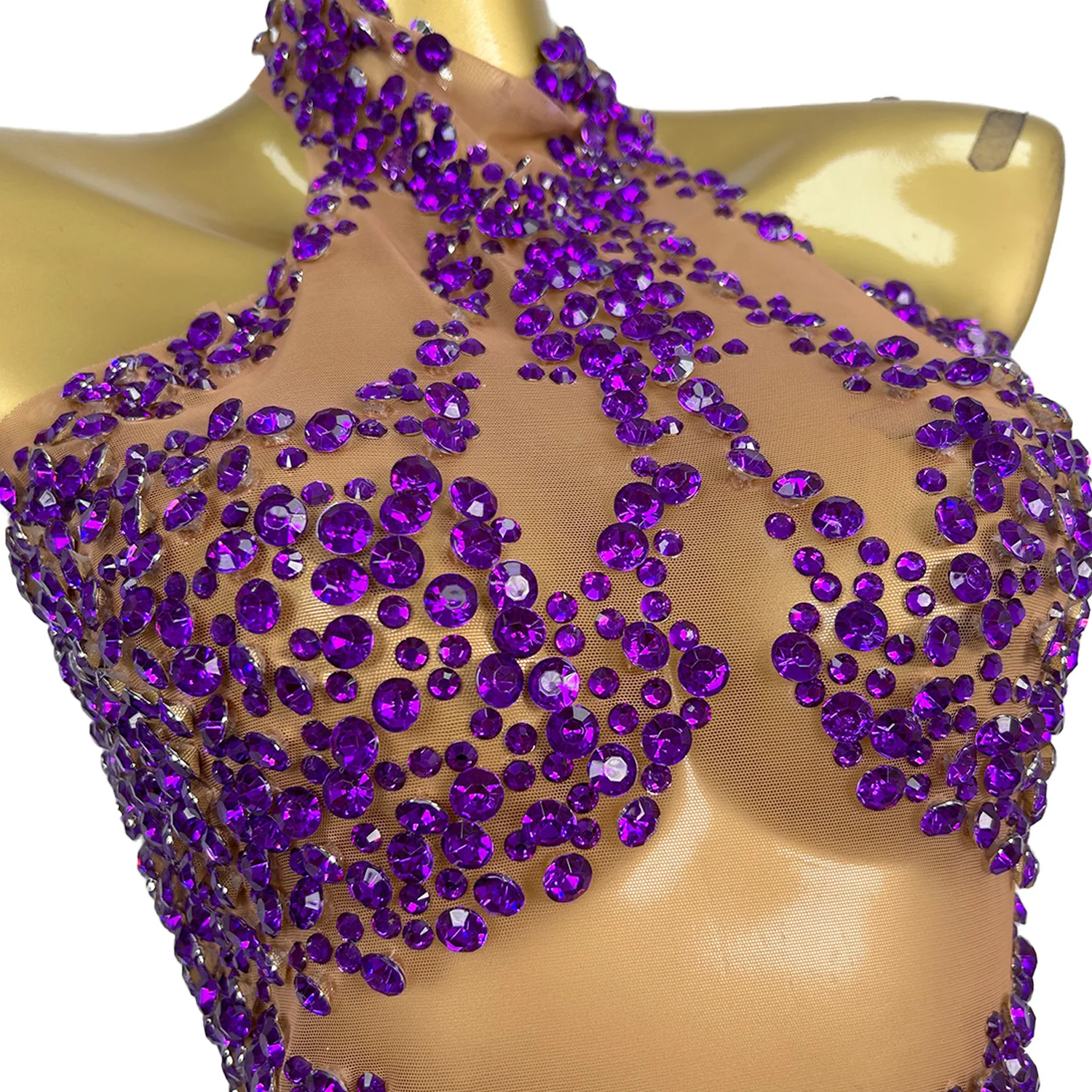 ชุดราตรีผู้หญิง Huatuo ดีไซน์หรูหรา สีม่วง ประดับคริสตัล 3 มิติ เซ็กซี่ ผ้าตาข่ายซีทรู กระโปรงโชว์สะโพก เหมาะสำหรับงานไนต์คลับและงานเทศกาลดนตรี