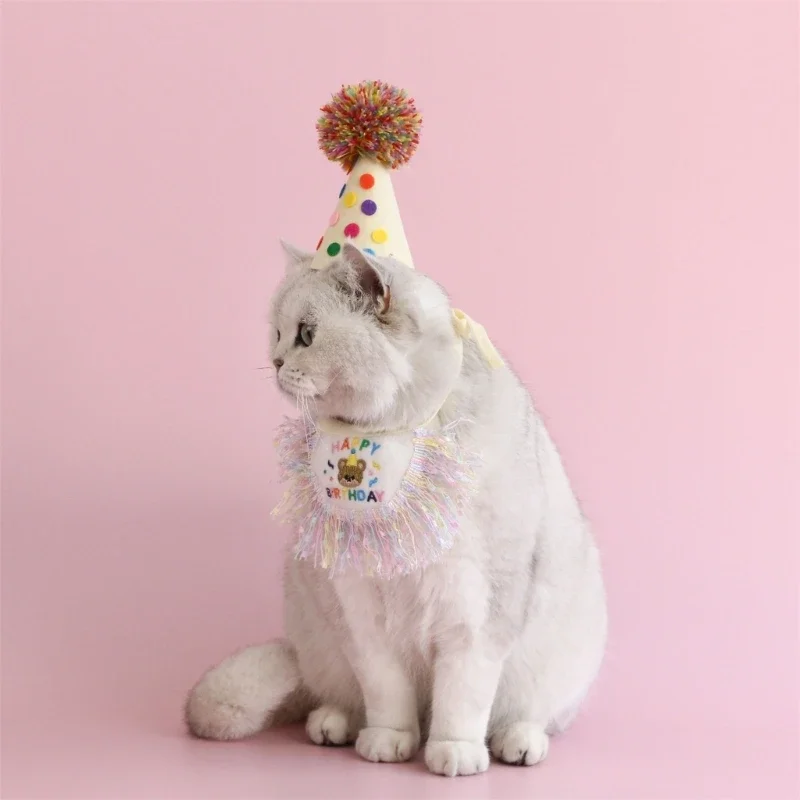 Pack of 2 Dogs Cats Birthday Hat with Sequins Tassels Bib Practical Dogs Masquerades Colorful Hat&Bib for Carnivals