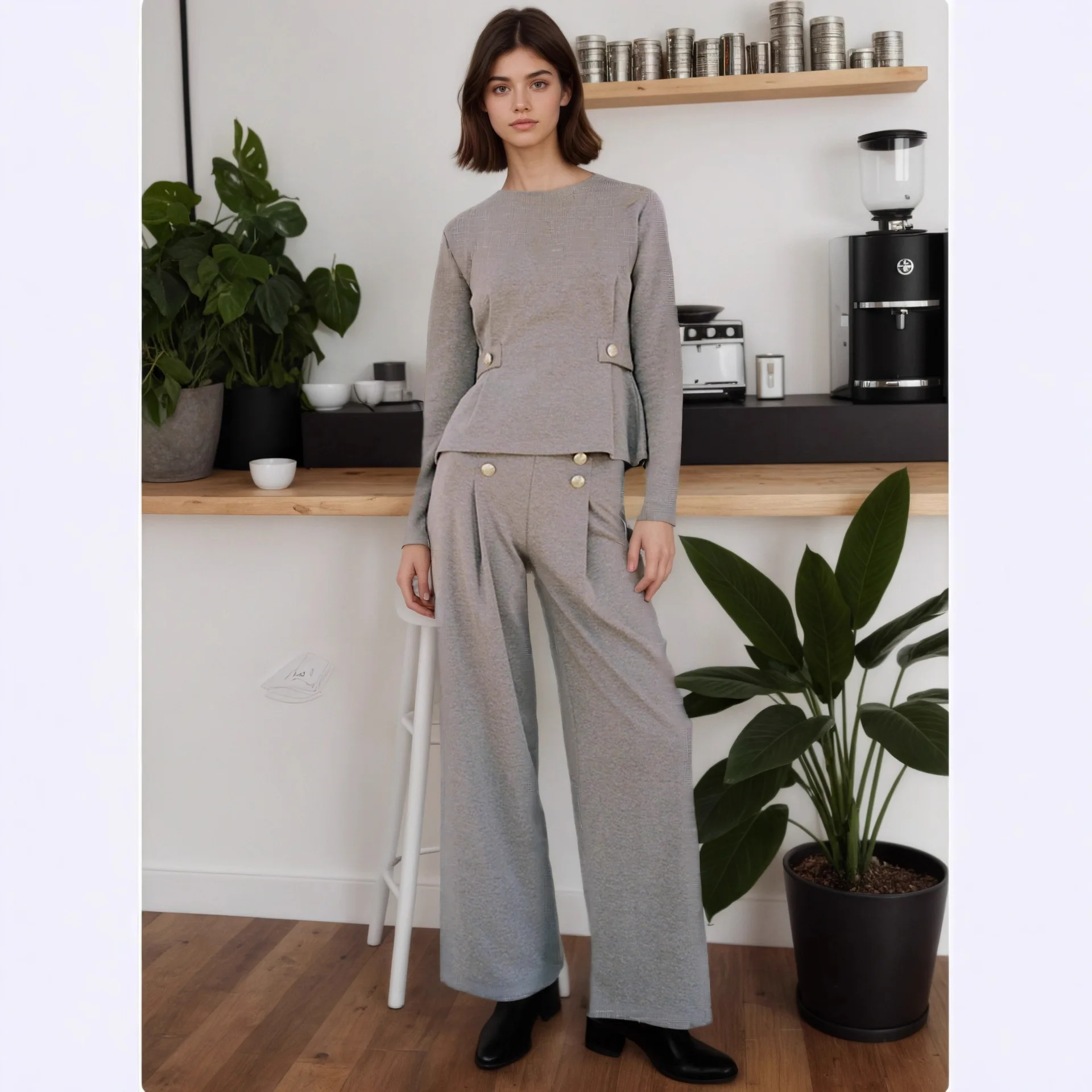 

Casual Solid Color Pants Sets Women Autumn Winter New Buttons Tighten The Waist Tops Trousers Two Piece Set Commuting Clothing