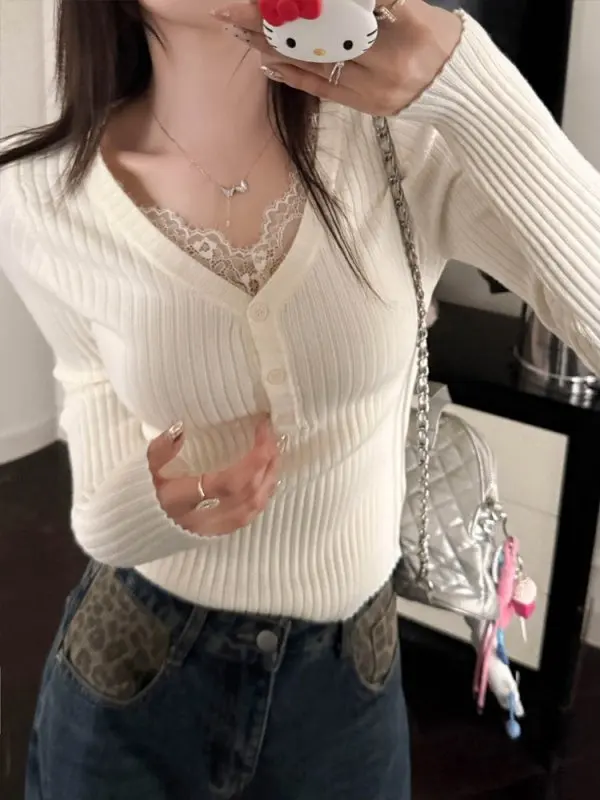 

Unique Lace Knitted Base Shirt Women's Outerwear V-neck Sweater Fashionable Slim Fit Inner Wear Early Spring New Style
