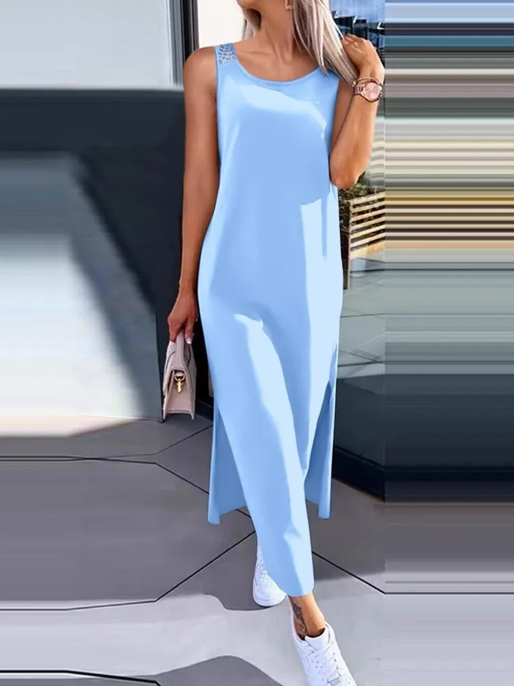 Lässiges, einfarbiges, ärmelloses Damenkleid mit Rundhalsausschnitt, Sommer 2026, neue Mode, geschlitztes, ausgehöhltes, tägliches, gerades Midikleid für Damen