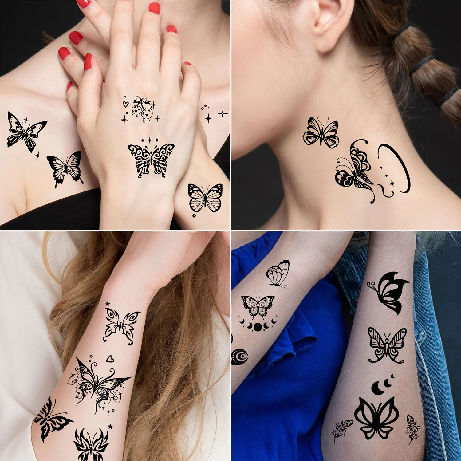 30 Sheets, Waterproof Temporary Tattoo Stickers, 250 Black Butterfly Patterns for Finger, Neck, Wrist, Realistic Body Art Tattoo