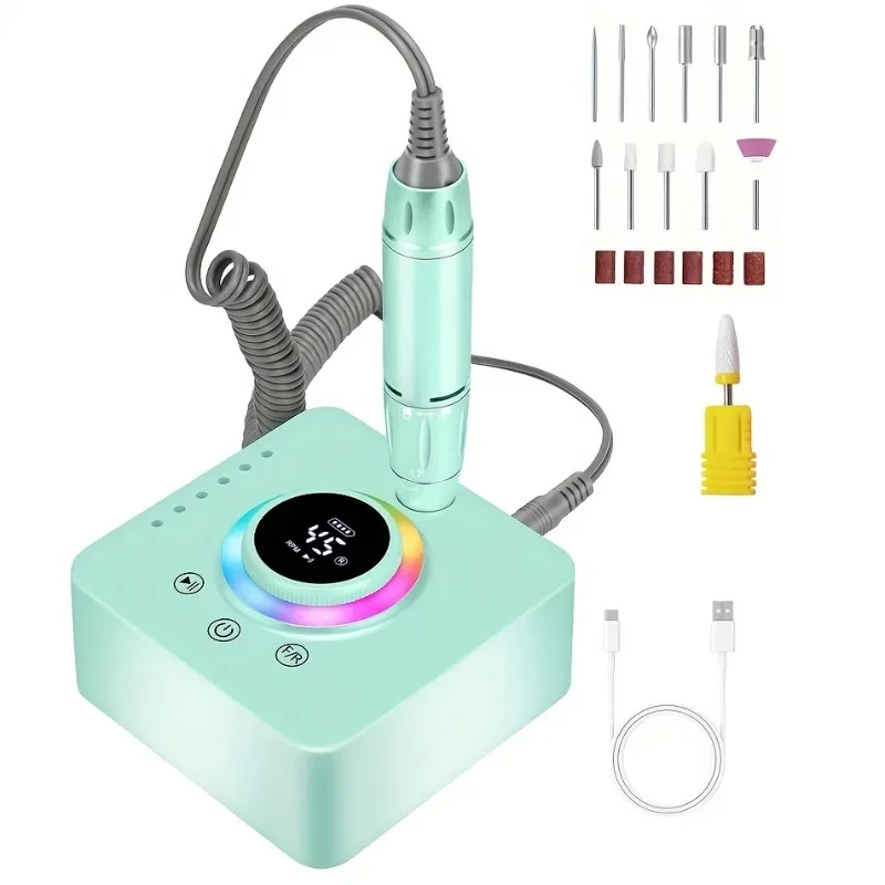 Rechargeable Electric Nail Polish Sander, High-Speed 45000RPM with RGB LED Lighting, USB Charging Portable Nail Grinder