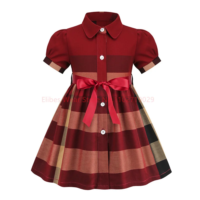 

2024 Girl Dress Summer New Arrival Cotton Plaid Wear Bow Short Sleeve Shirt Dress Baby Kids Clothing 2-7 Year Drop Shipping