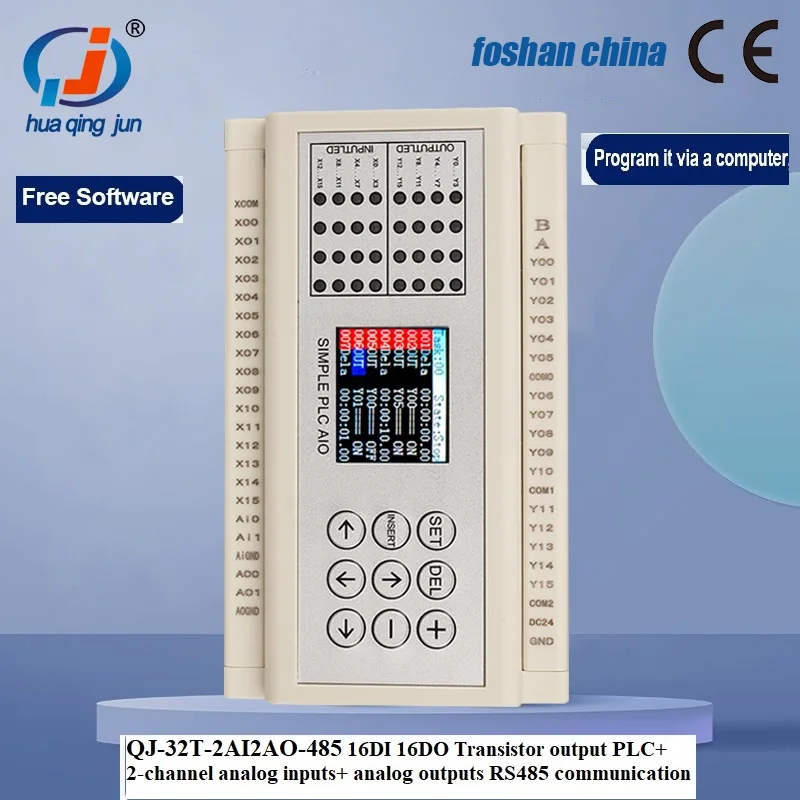 

FOSHAN 16DI 16DO Transistor Output PLC 2AI 2AO 0-10V RS485 Modbus PLC for Automatic Washing System QJ-32T-2AI2AO-485