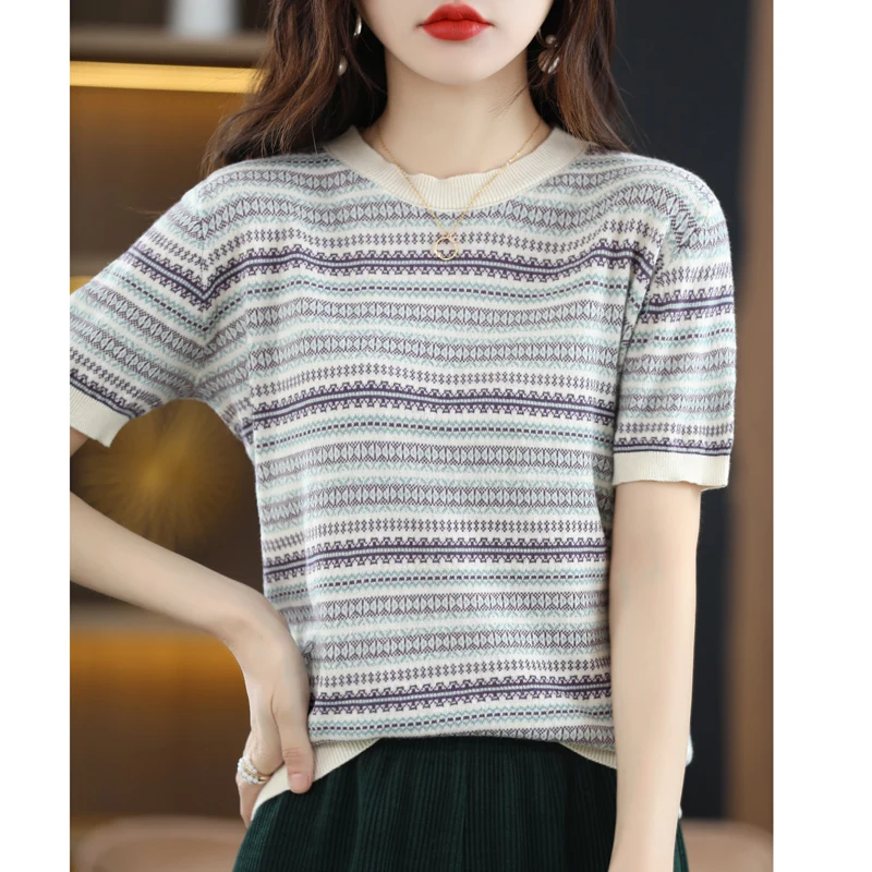 

24 Spring Summer New Knitted Shirt Women's Round Neck Pullover 100% Cotton Loose Striped Versatile Knitted Half Sleeve Top