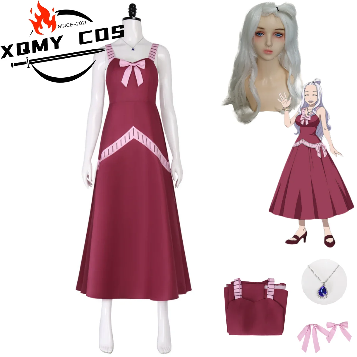 XqAnime FAIRY TAIL Mirajane Strauss disfraz de Cosplay vestido de tirantes rojos collar peluca mujer Sexy lindo carnaval traje de Halloween