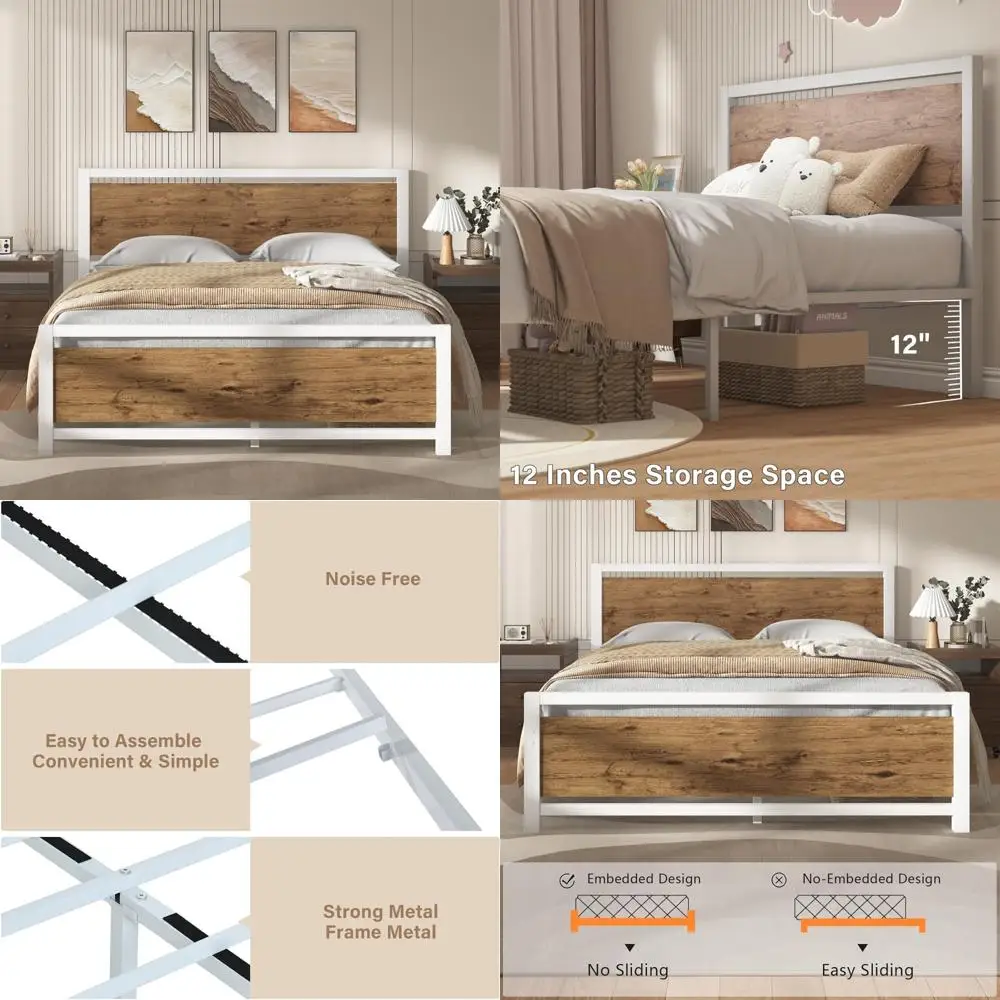 Queen-Sized Wooden Bed Frame with Headboard and Footboard, Industrial Design, No Box Spring Needed