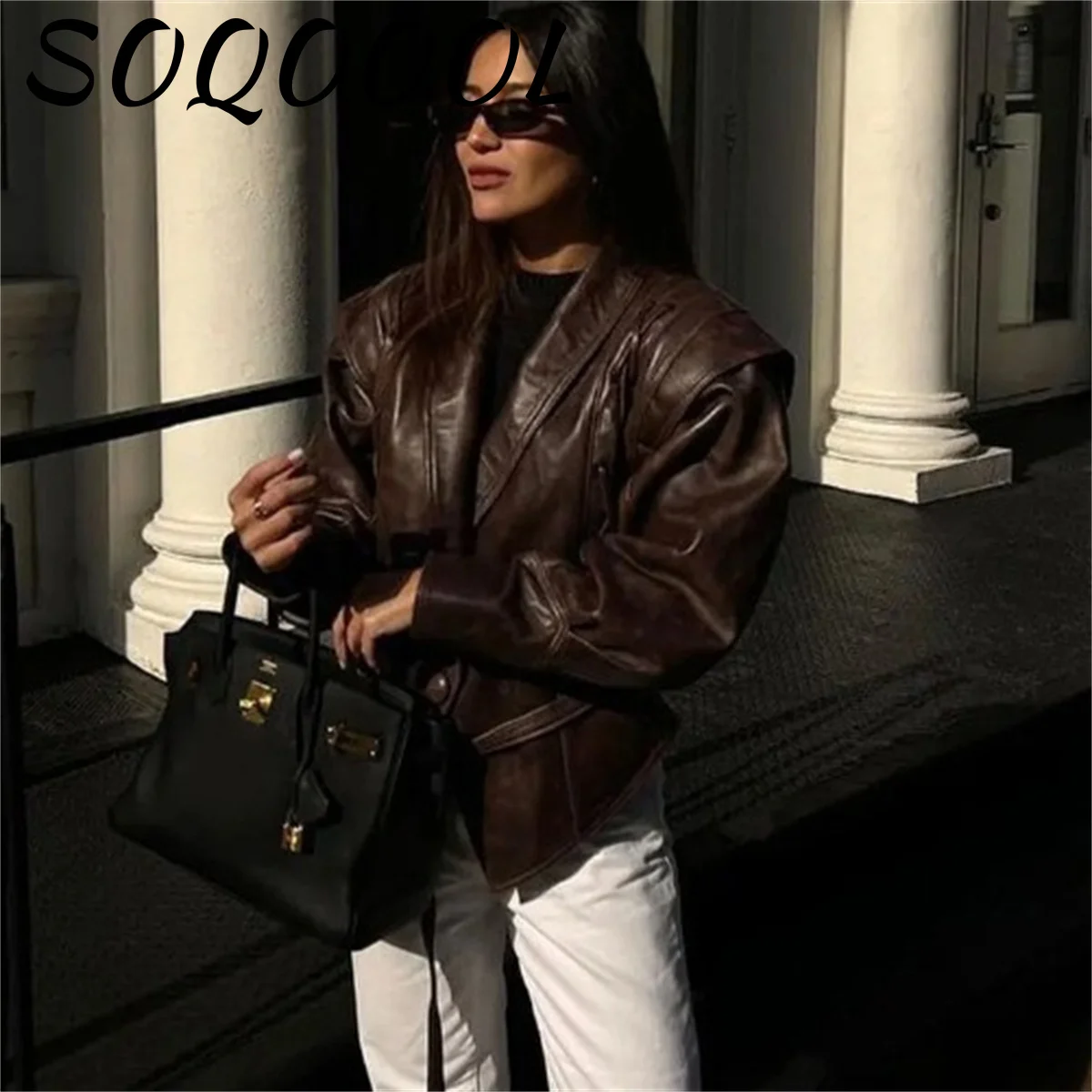 Women\'s High Street Leather Jacket 2024 Autumn Winter Versatile Brown Long Sleeves V-neck Lace-up Coats Causal Female Outerwear