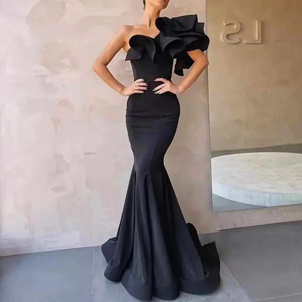 2024 Elegant Mermaid Black Long Prom Dresses for Women Luxury Satin One-shoulder Simply Formal Party Celebrity Bridesmaid Gowns