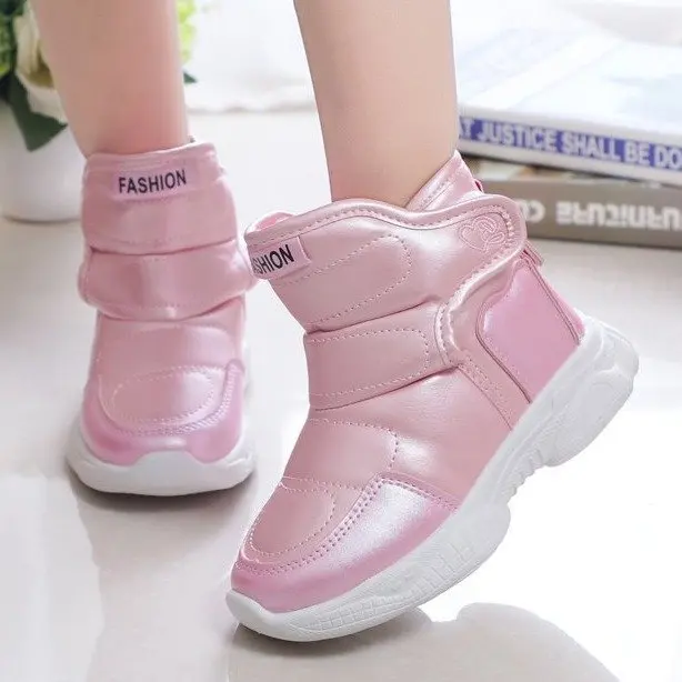 2024 Winter Snow Boots for Girls PU Leather Waterproof Thicking Plush Warm Cotton Shoes Anti-slippery Children Outdoor Sneakers