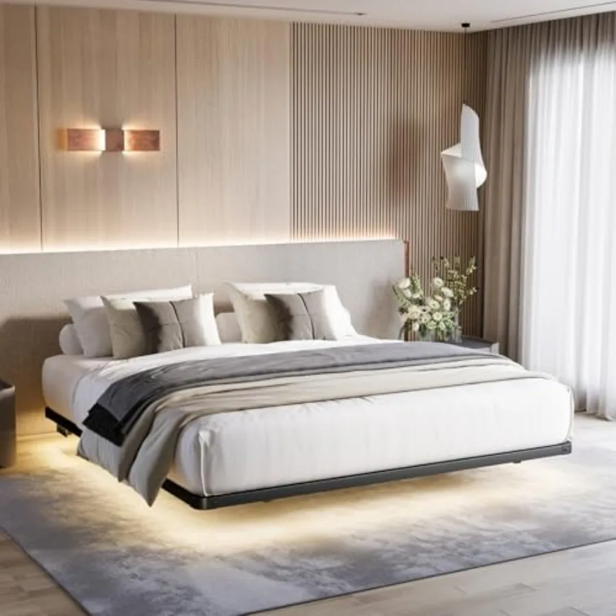 

King Size Bed Frame with LED Lights Type-C and USB Charging Station Floating Bed Frame King Size Metal Platform No Box Spring N