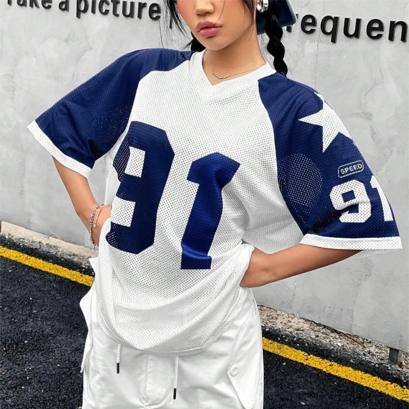 العصرية Rtro الشارع الرقمية المطبوعة شبكة جوفاء الفانيلة قصيرة الأكمام الخامس الرقبة تي شيرت راجلان المرأة فضفاضة الرياضة الساخن فتاة #4