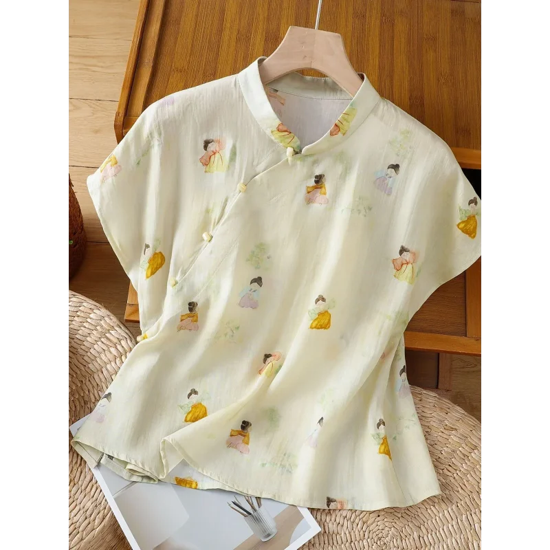 

Женская блузка в китайском стиле с воротником-стойкой, с милым миниатюрным принтом, из смесового льна, с коротким рукавом