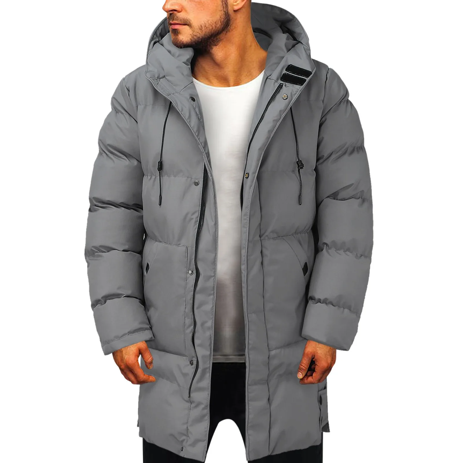 Hooded Winter Down Coat for Men Parkas Thickened Solid Color Padded Cardigan Midi Length Zip Up Men\'s Coat For Daily Wear