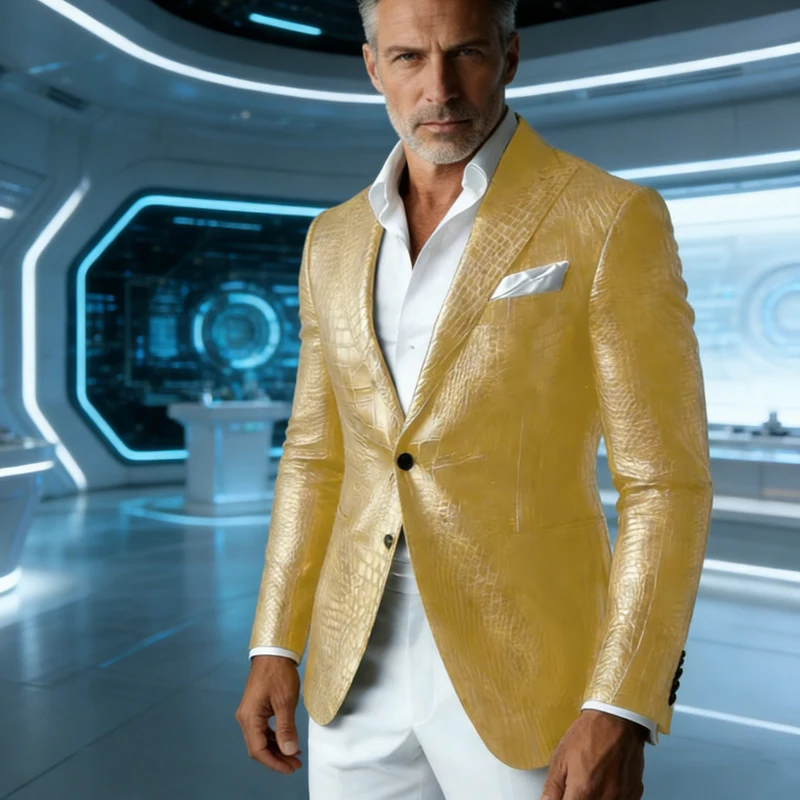 

Luxury Men's Crocodile Embossed Leather Blazer Notch Lapel Suit Fit 1 Button Jacket Shiny Croc Print Formal Business Party Coat