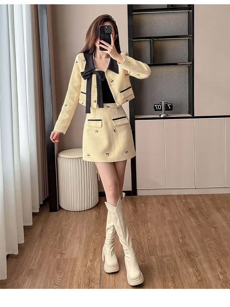 2025 Autumn Winter French Temperament Two-Piece Set Celebrity Fragrant Style Coat + Skirts Suits Women