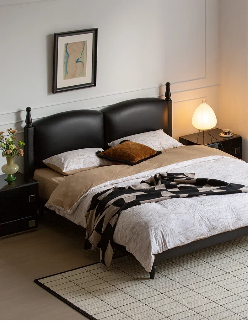 French black bed retro, leather  in the ancient style, master bedroom big  soft bed