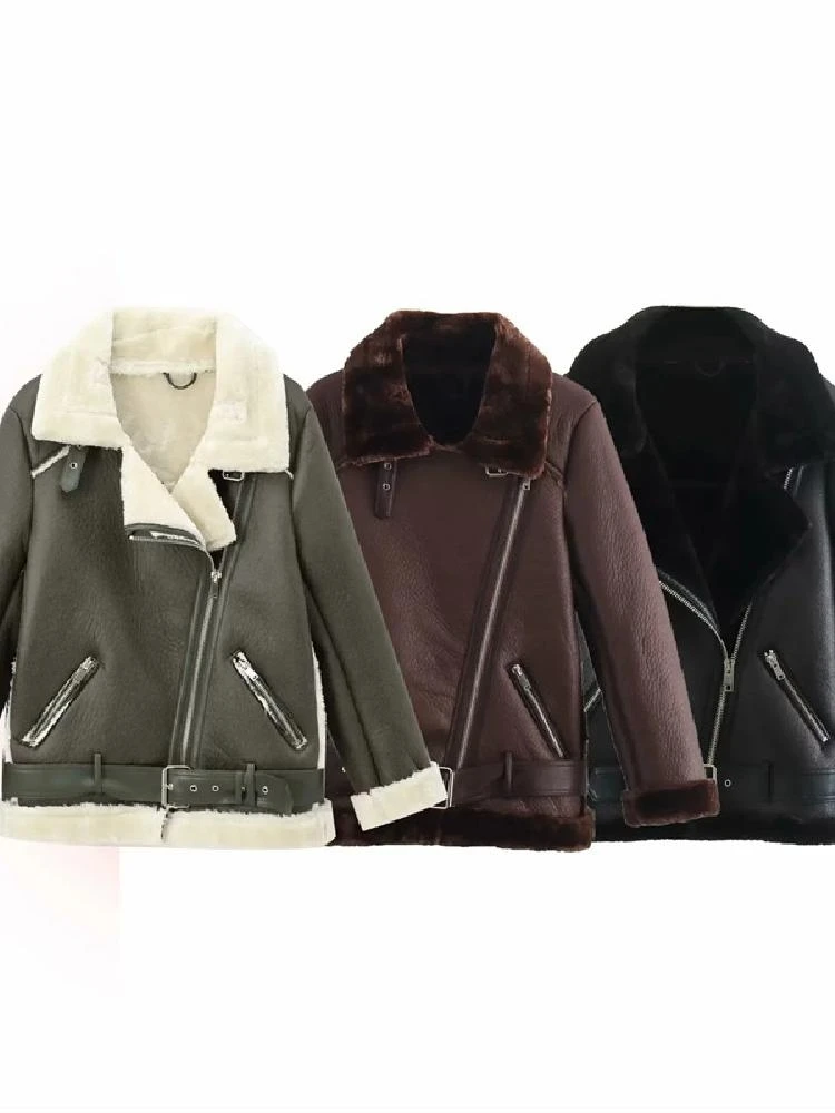 เสื้อแจ็คเก็ตผู้หญิงแฟชั่นสองด้าน หนัง PU บุขน สไตล์ลำลองหลวมๆ แนวเรโทร สำหรับเดินทาง รุ่นใหม่ล่าสุด