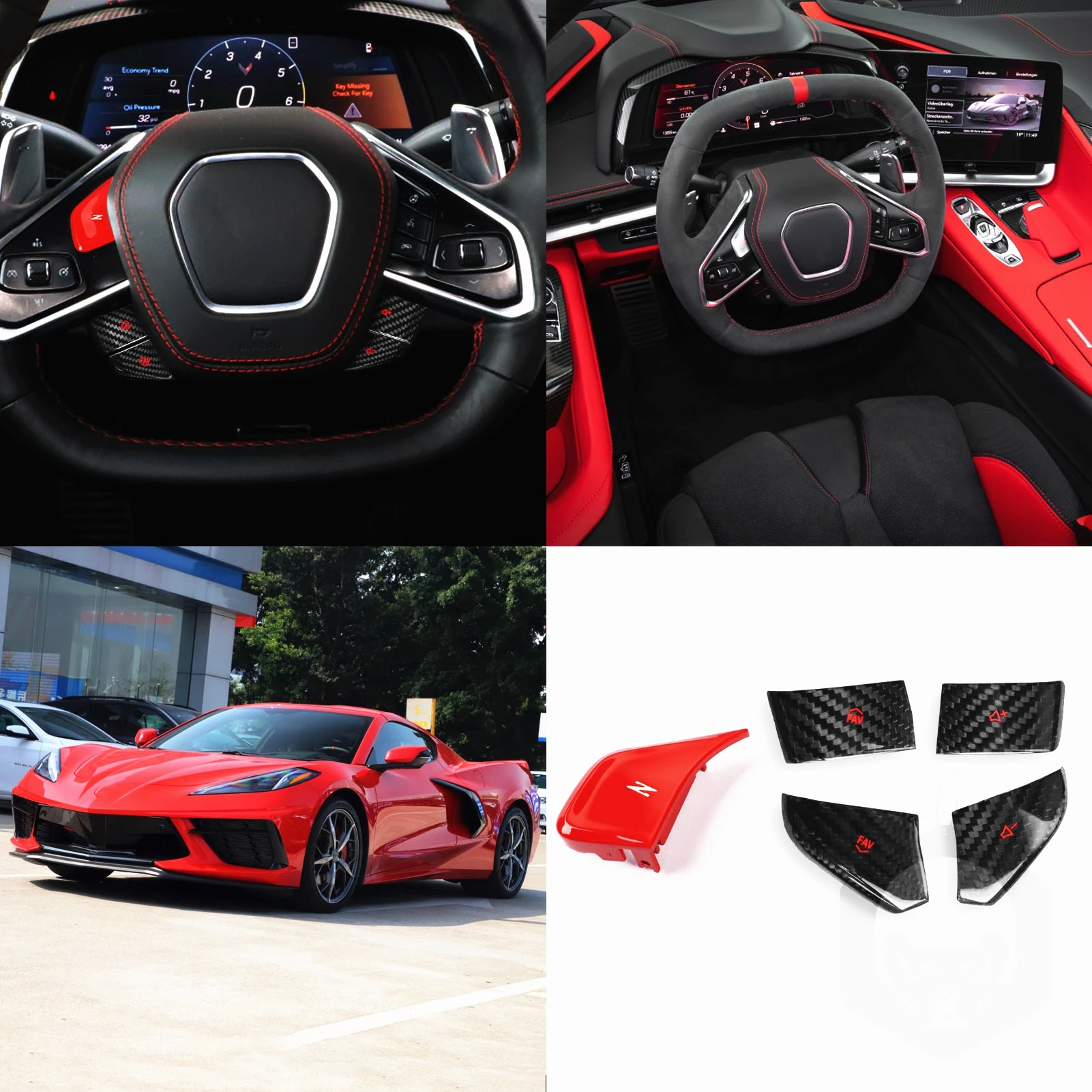 

For Chevrolet Corvette C8 Z51 2020 2021 2022 Red Carbon Fiber Car Steering Wheel Panel Switch Button Knob Cover Sticker Trim Kit