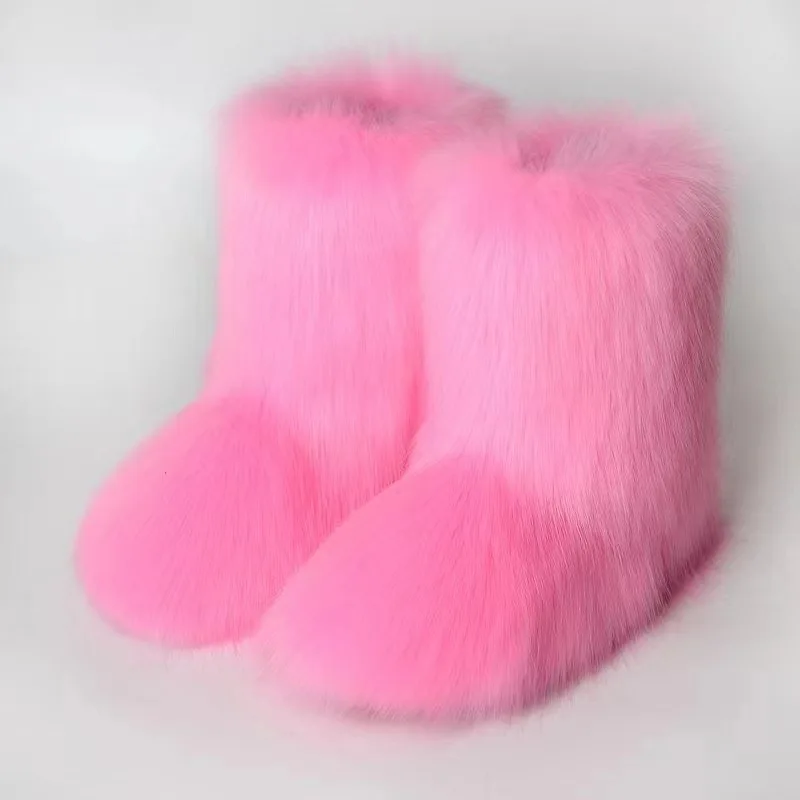 Winter Women Fluffy Faux Fox Fur Boots Woman Plush Warm Snow Boots Luxury Footwear Girls Furry Fur Bottes Fashion Winter Shoe